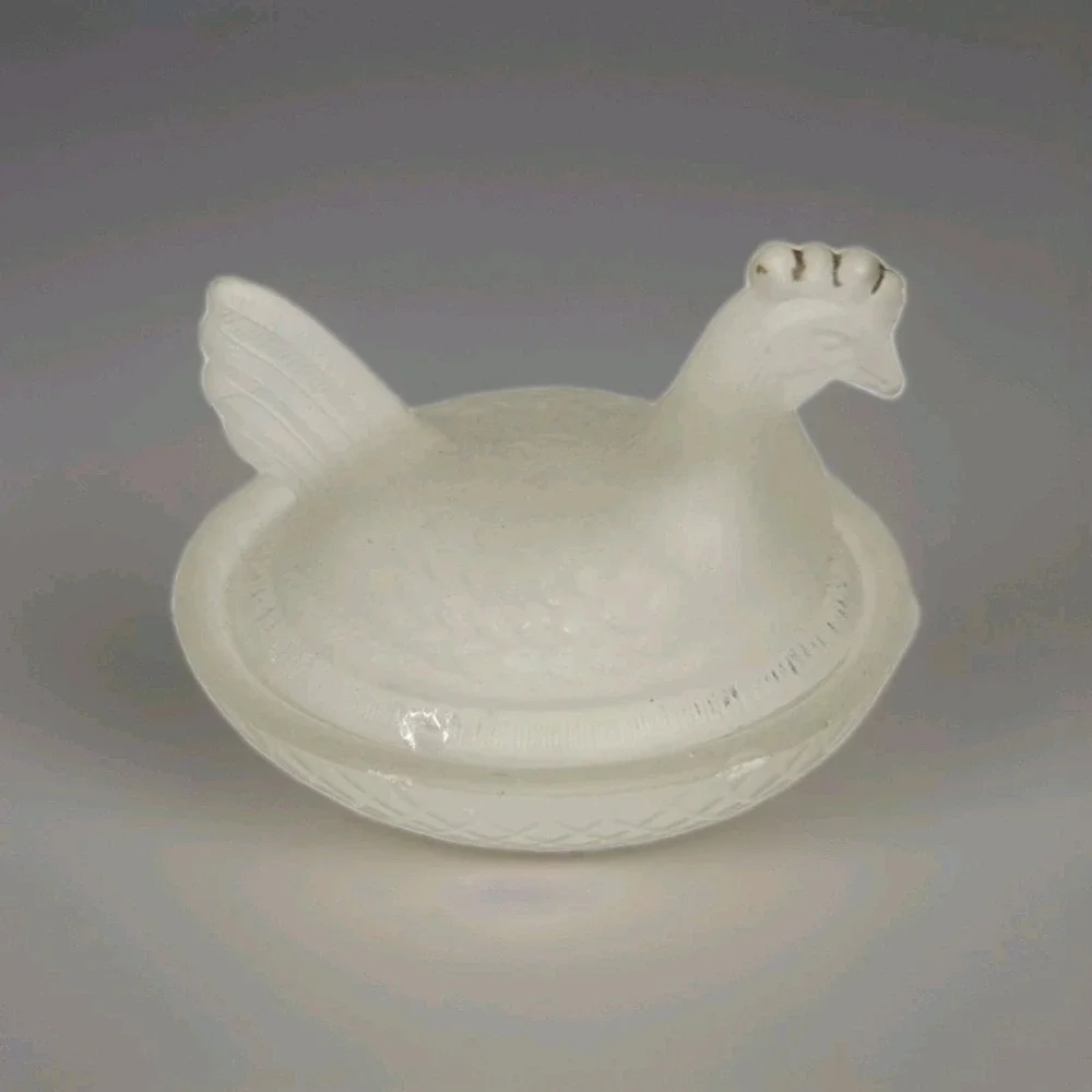 Vintage Mini Hen on Nest Salt Cellar Frosted Glass 2.5